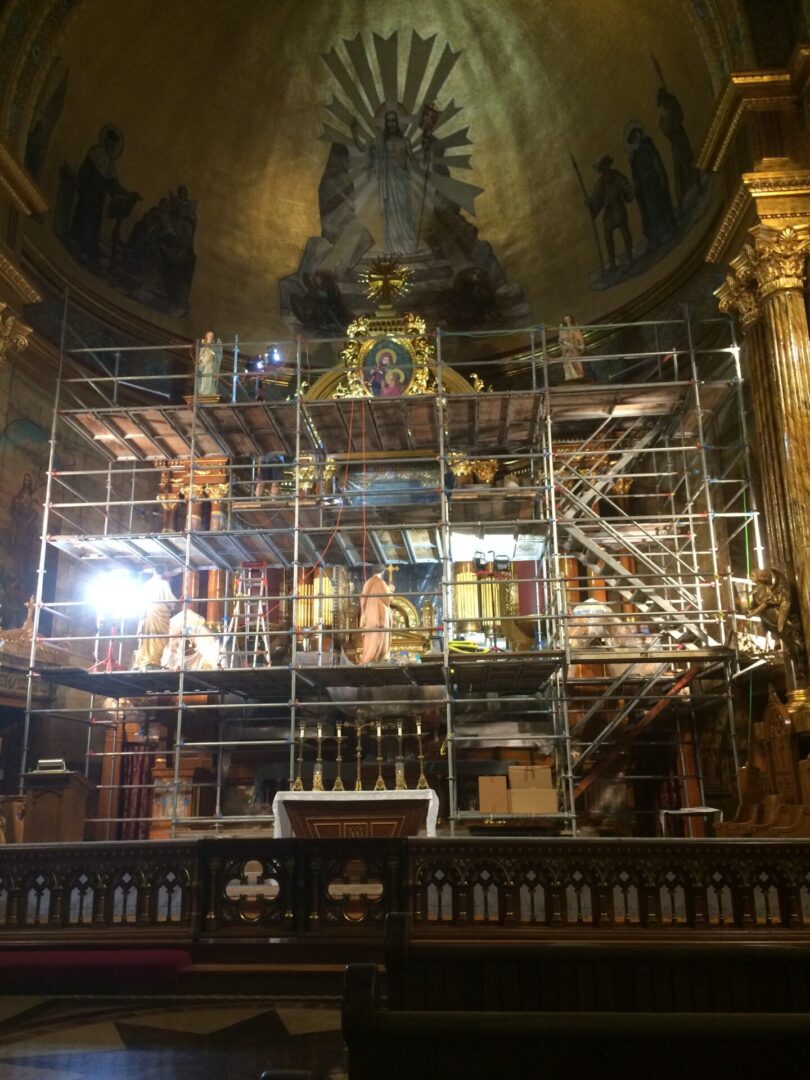 Scaffolding in front of altar of St. Cantius Church during gilding restoration.