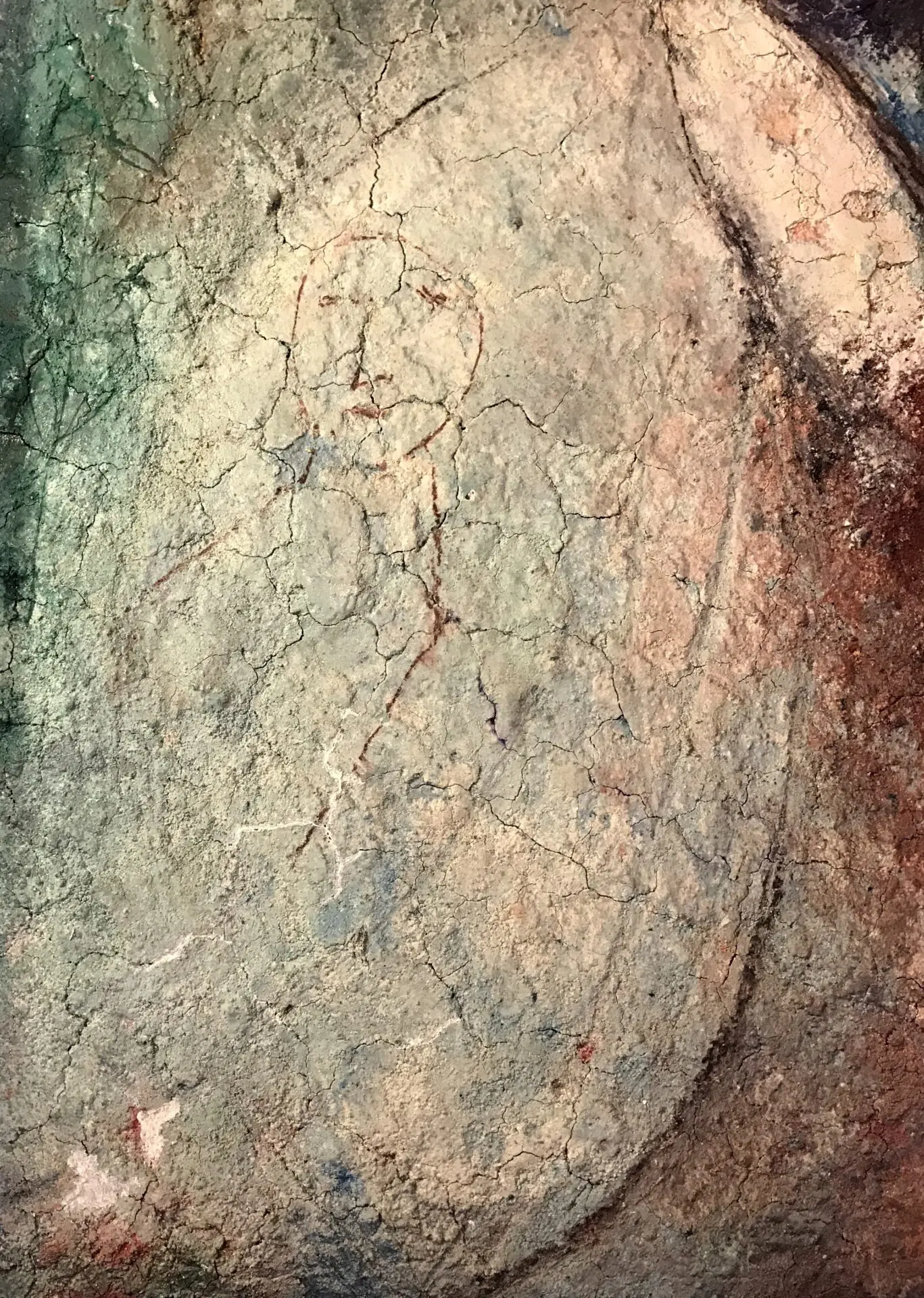 Close up of Jamali painting with cracks and losses before conservation services.