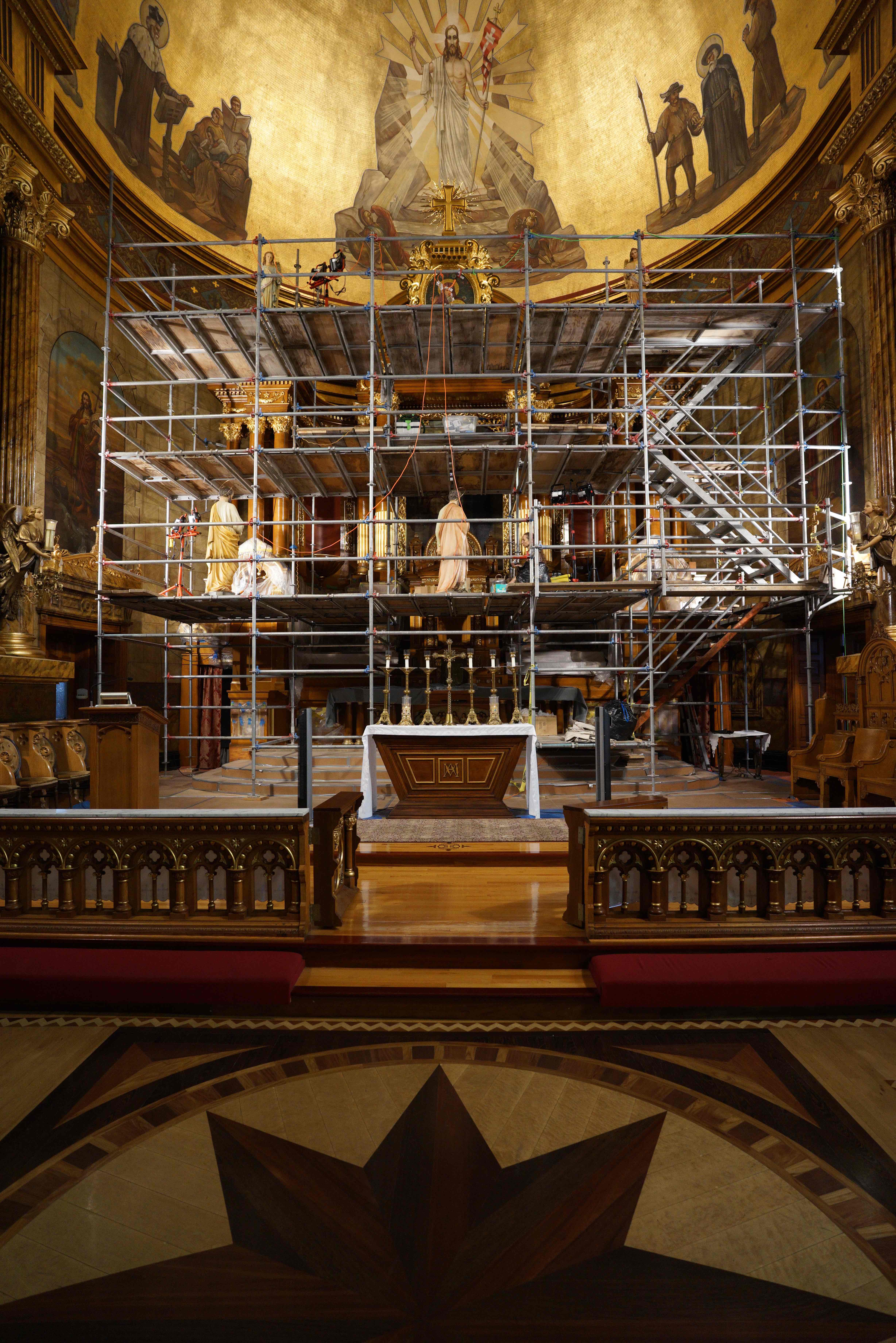 Altar with scaffolding during gilding restoration
