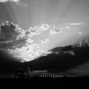 Black and white photograph of sunset view