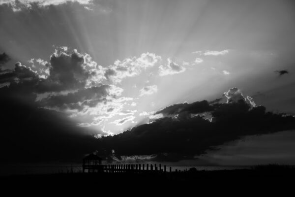 Black and white photograph of sunset view