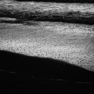 Black and white image of a beach